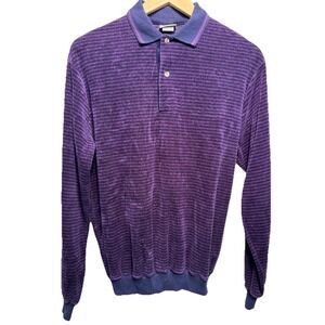 VTG 80s Velour Cotton Polo Shirt Long Sleeve Purple Medium Pullover 1/4 Button